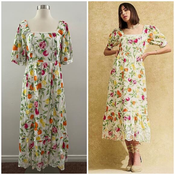 Nobody's Child Isla Fruit Print Midaxi Dress Puff Sleeve Novelty Colorful Size 6 - Picture 1 of 16